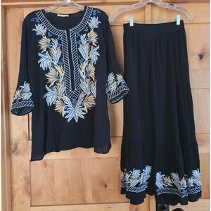 Cute Options Embroidered Navy Blue Lounge Set MEDIUM Boho‎ Bohemian Shirt Pants
